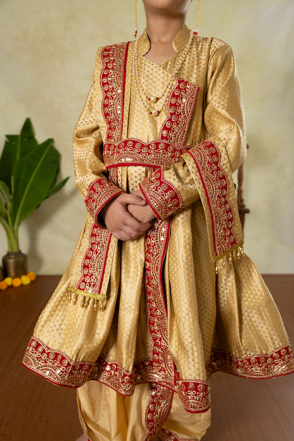 Golden premium banarasi brocade silk Peshwai kurta and dhoti set with premium red sequined lace for Batu