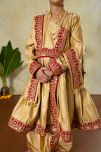 Golden Banarasi Silk Peshwai Kurta Dhoti Set For Batu