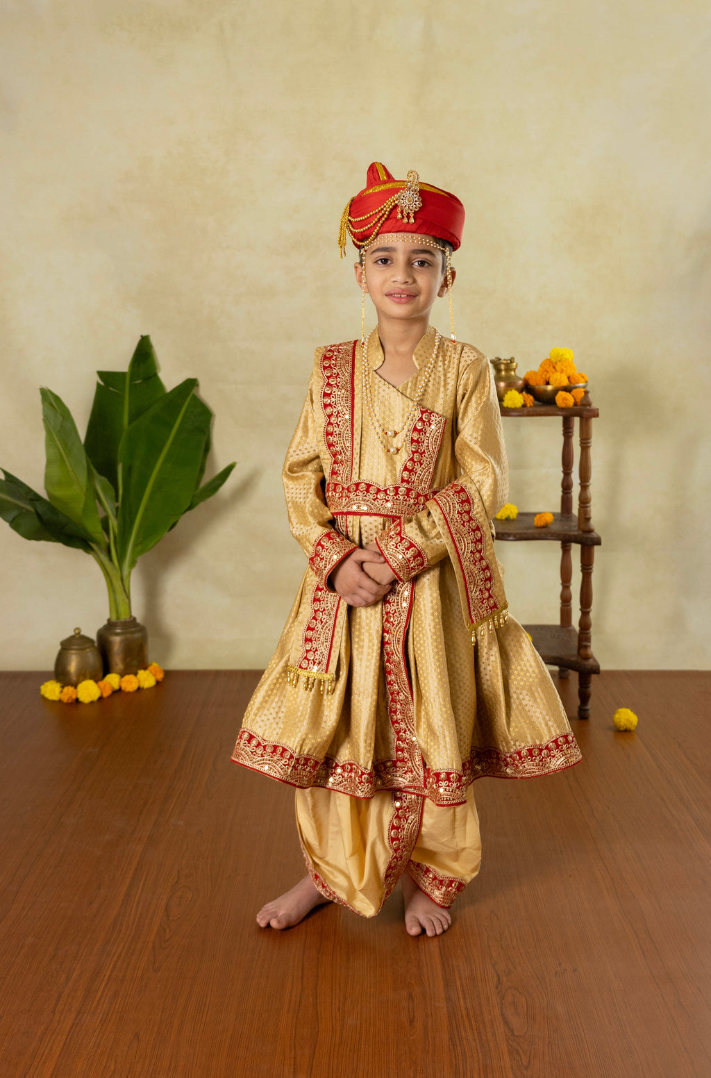Golden premium banarasi brocade silk Peshwai kurta and dhoti set with premium red sequined lace for Batu