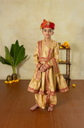 Golden premium banarasi brocade silk Peshwai kurta and dhoti set with premium red sequined lace for Batu