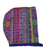 Multi Colored-Purple Banarasi Brocade Silk Baby Bonnet.Golden brocade bonnet,paithani booties,fabric headbands all these Handcrafted accessories for Newborn are perfect add ons to any traditional attire of the baby.Designer baby mats,set of generic bloomers are other naming ceremony essentials.