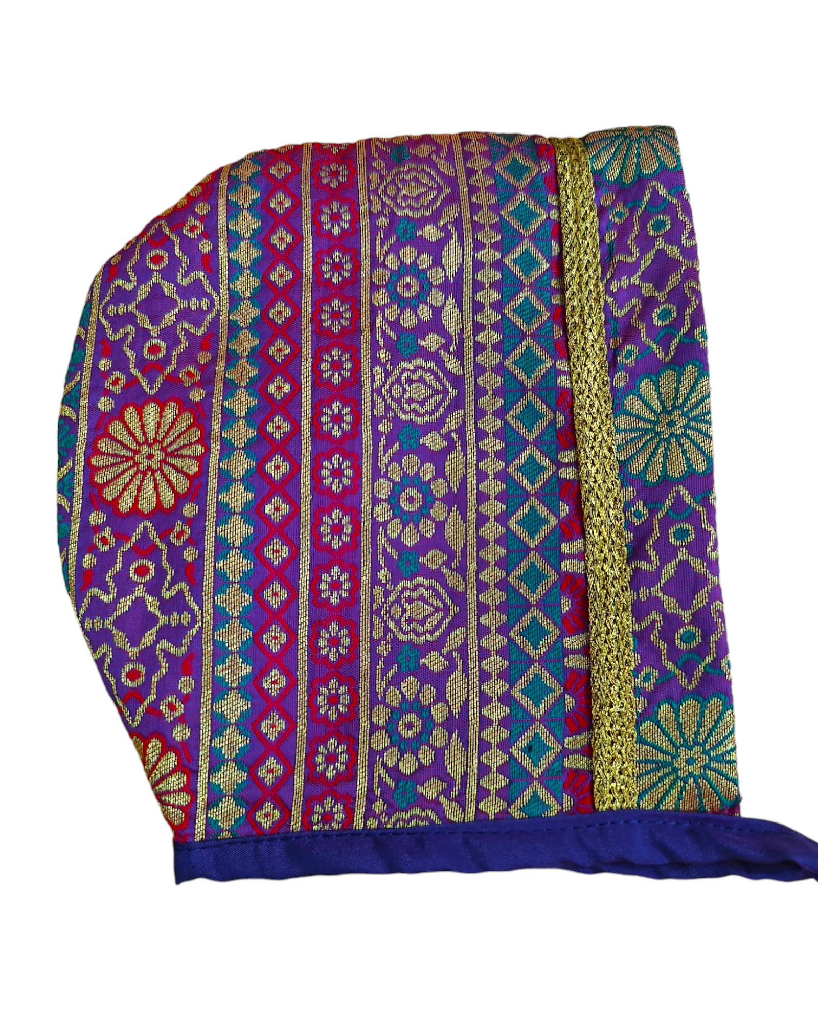 Multi Colored-Purple Banarasi Brocade Silk Baby Bonnet.Golden brocade bonnet,paithani booties,fabric headbands all these Handcrafted accessories for Newborn are perfect add ons to any traditional attire of the baby.Designer baby mats,set of generic bloomers are other naming ceremony essentials.