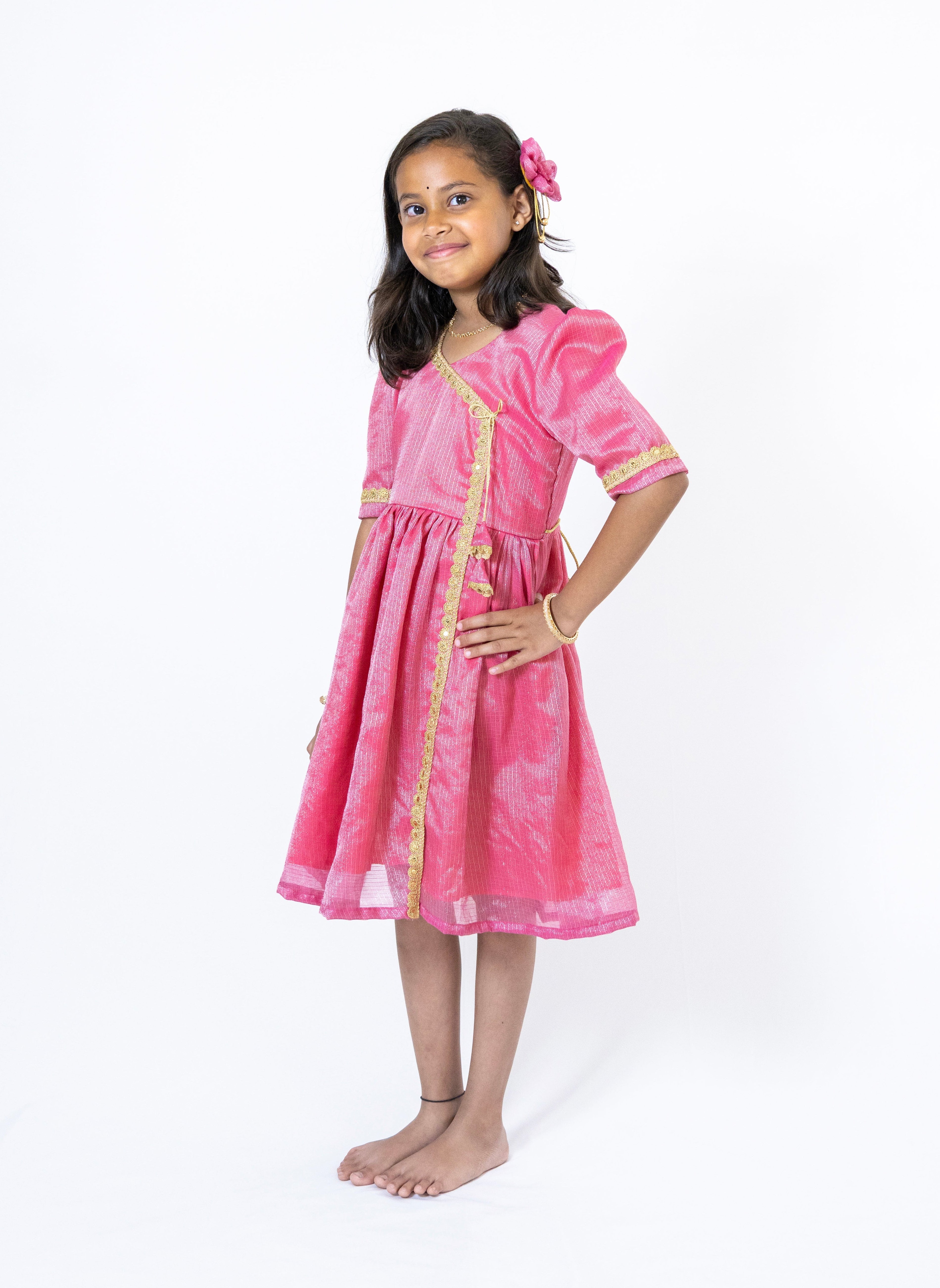 Onion Pink tissue silk kotta angarkha frock / dress with golden lace embellishment for Girls