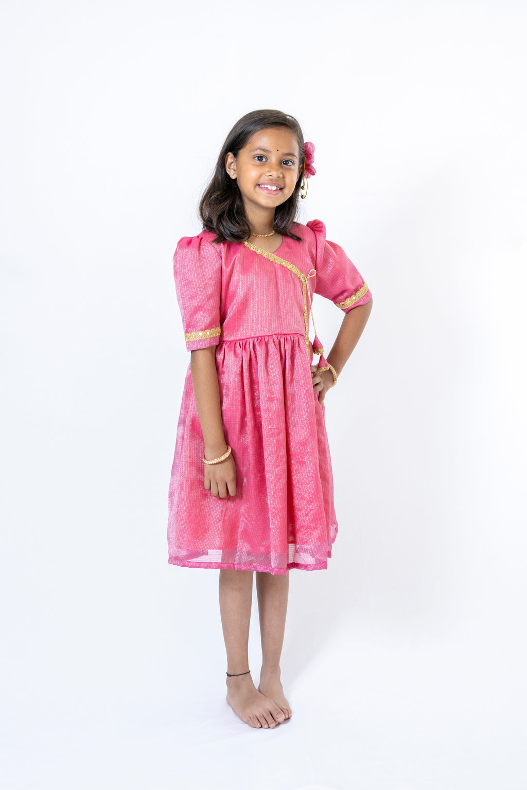 Onion Pink tissue silk kotta angarkha frock / dress with golden lace embellishment for Girls