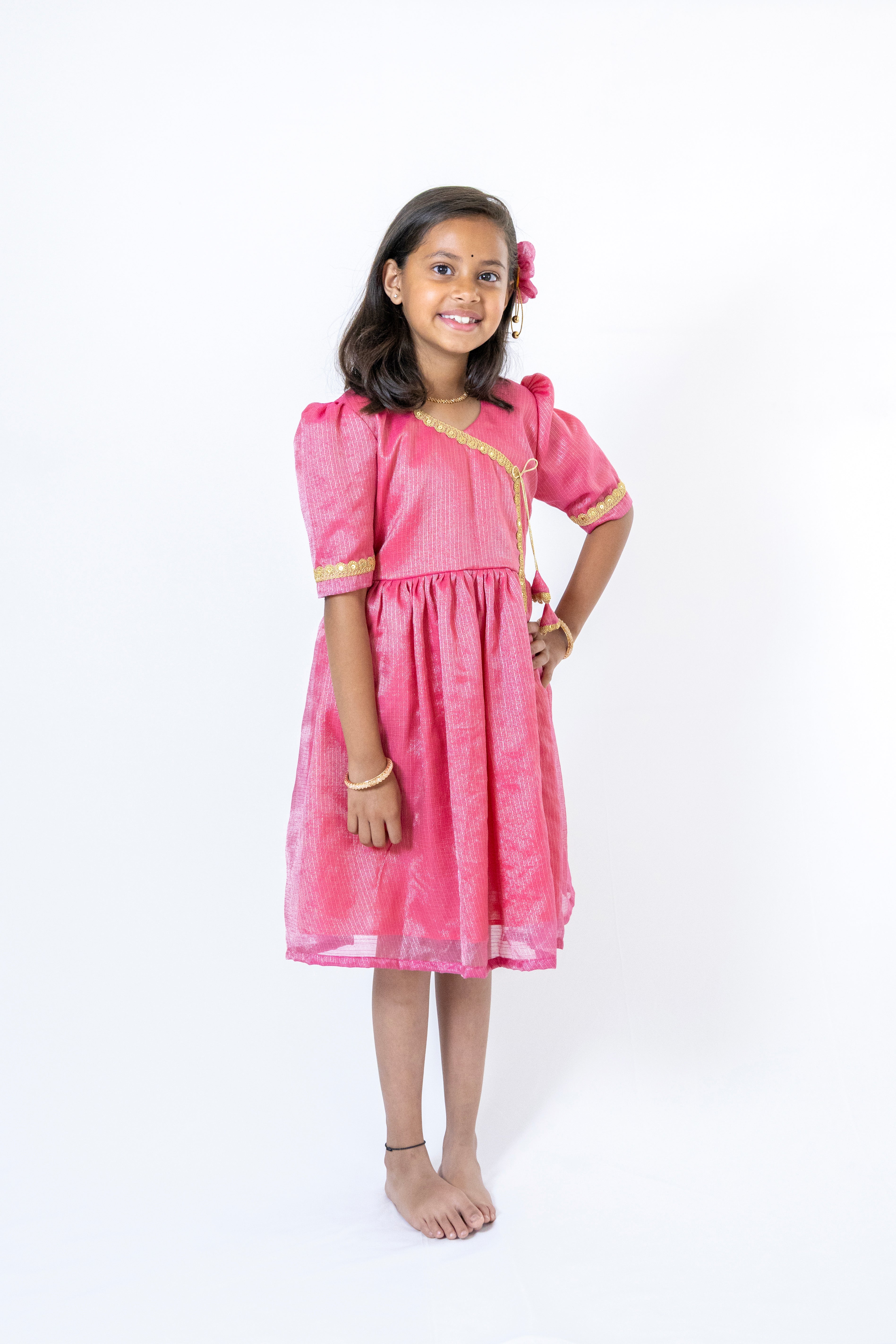 Onion Pink tissue silk kotta angarkha frock / dress with golden lace embellishment for Girls