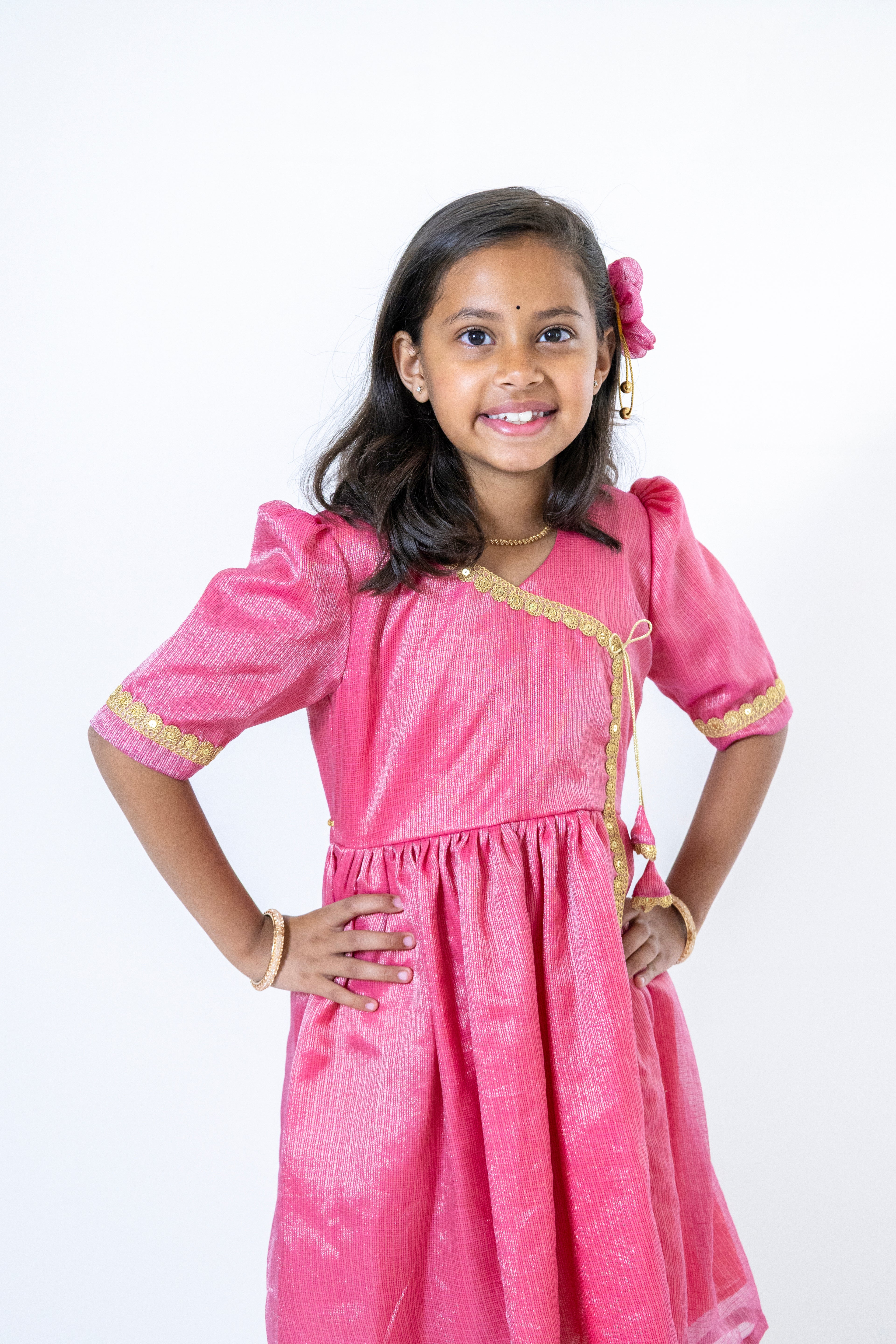 Onion Pink tissue silk kotta angarkha frock / dress with golden lace embellishment for Girls