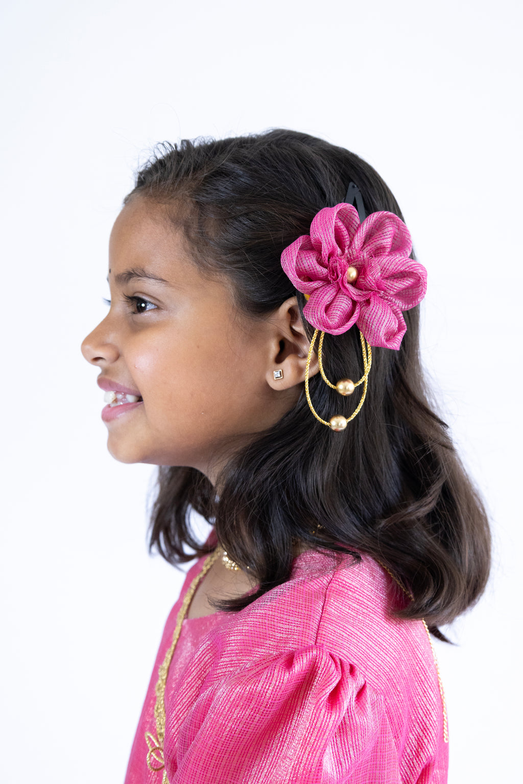 Onion Pink tissue silk kotta angarkha frock / dress with golden lace embellishment for Girls