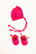 Pink Newborn Unisex Brocade Silk Bonnet & Booties Set