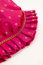 Pink Brocade frilled topda / topi / bonnet and adjustable booties unisex set for Newborn