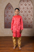 Coral raw silk with embroidered zari motifs sherwani with golden salwar for Batu