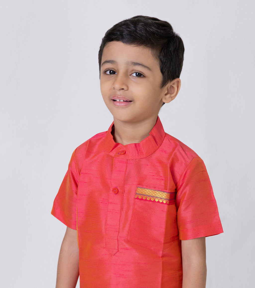 Coral Dupion silk stand collar half sleeves short kurta with paithani lace detailing on pocket for Boys