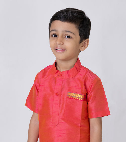 Coral Dupion Silk Half Sleeves Short Kurta With Pocket