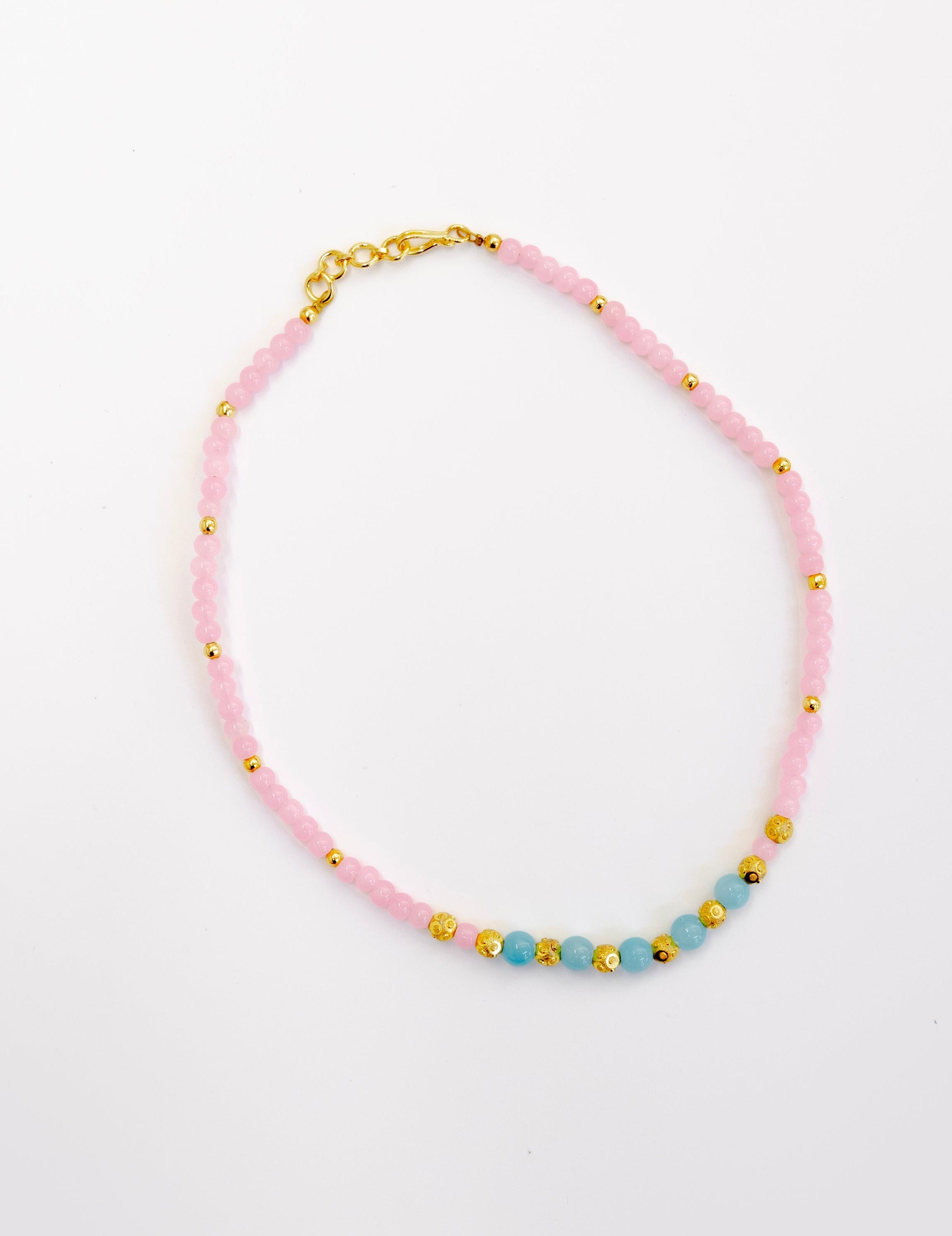 Baby pink and light blue glass beads necklace with golden findings for Girls
