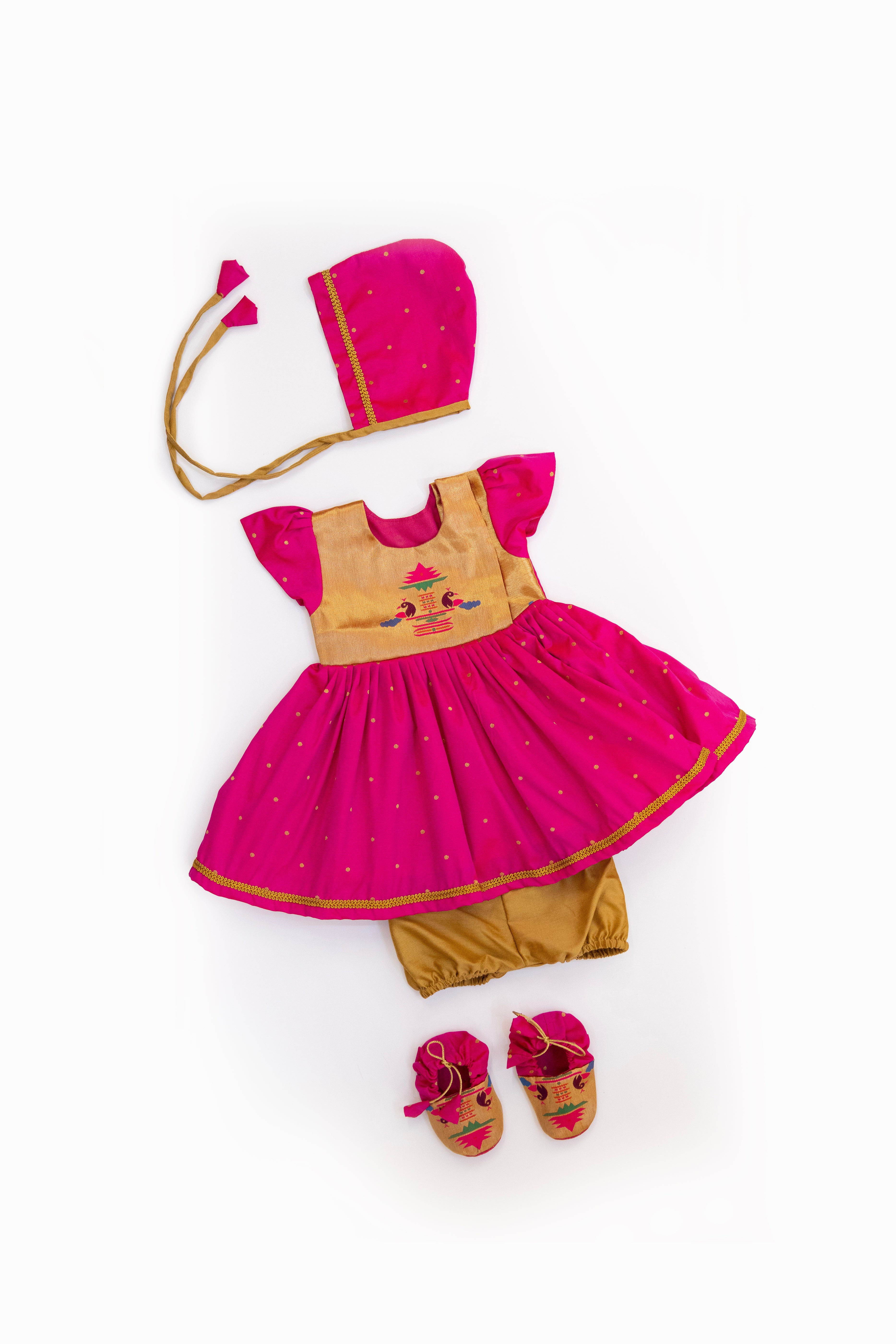 Radnyee Set - Rani Pink Paithani Peacock Motif and delicate butta brocade silk,front open newborn dress for naming ceremony with coordinated bonnet, bloomer and booties