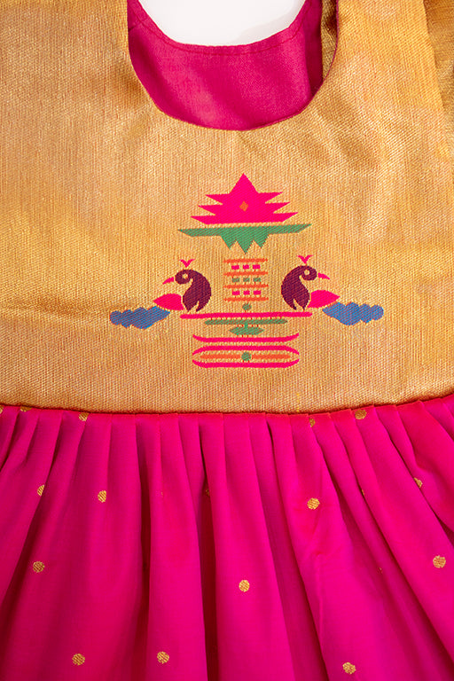 Radnyee Set - Rani Pink Paithani Peacock Motif and delicate butta brocade silk,front open newborn dress for naming ceremony with coordinated bonnet, bloomer and booties