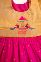 Radnyee Set - Rani Pink Paithani Peacock Motif and delicate butta brocade silk,front open newborn dress for naming ceremony with coordinated bonnet, bloomer and booties