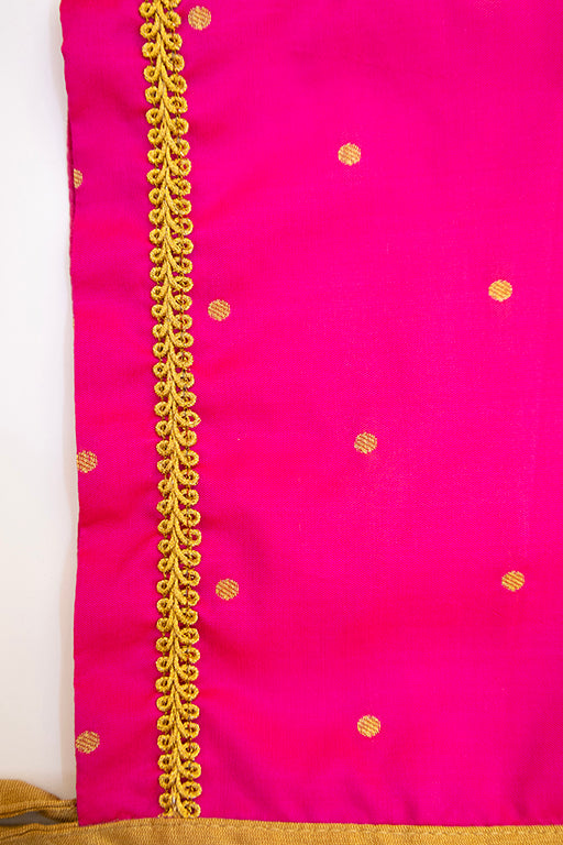 Radnyee Set - Rani Pink Paithani Peacock Motif and delicate butta brocade silk,front open newborn dress for naming ceremony with coordinated bonnet, bloomer and booties