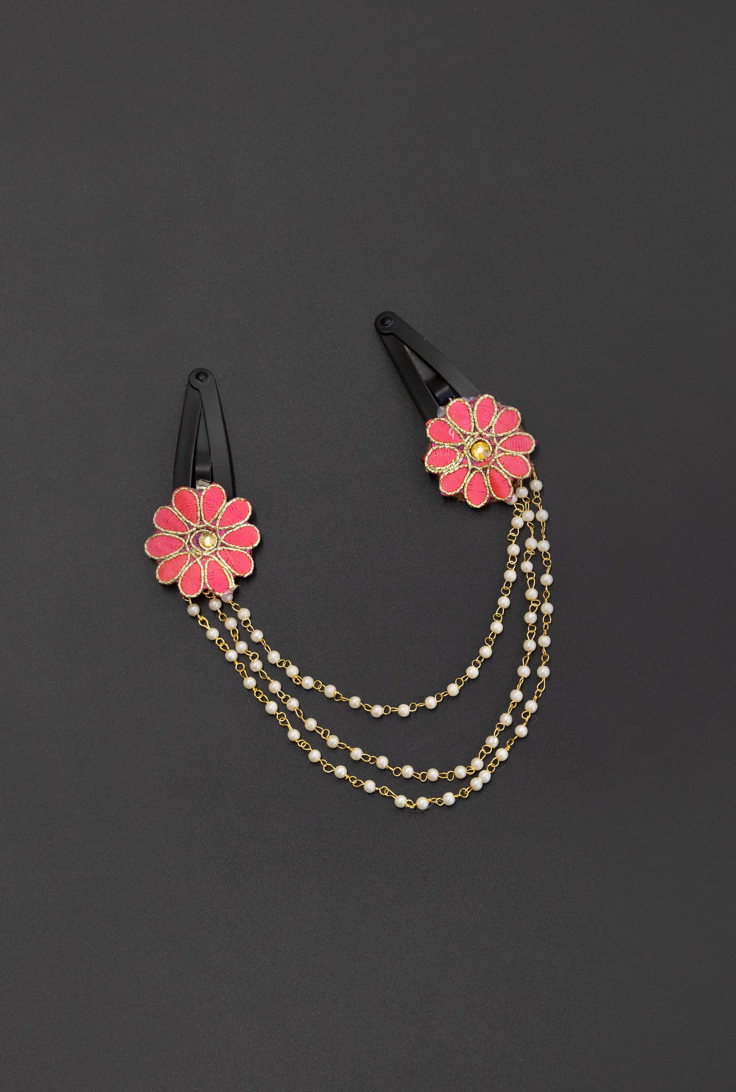 Triveni - Hot Pink two flowers triple layer Pearl chain Hair clips for Girls