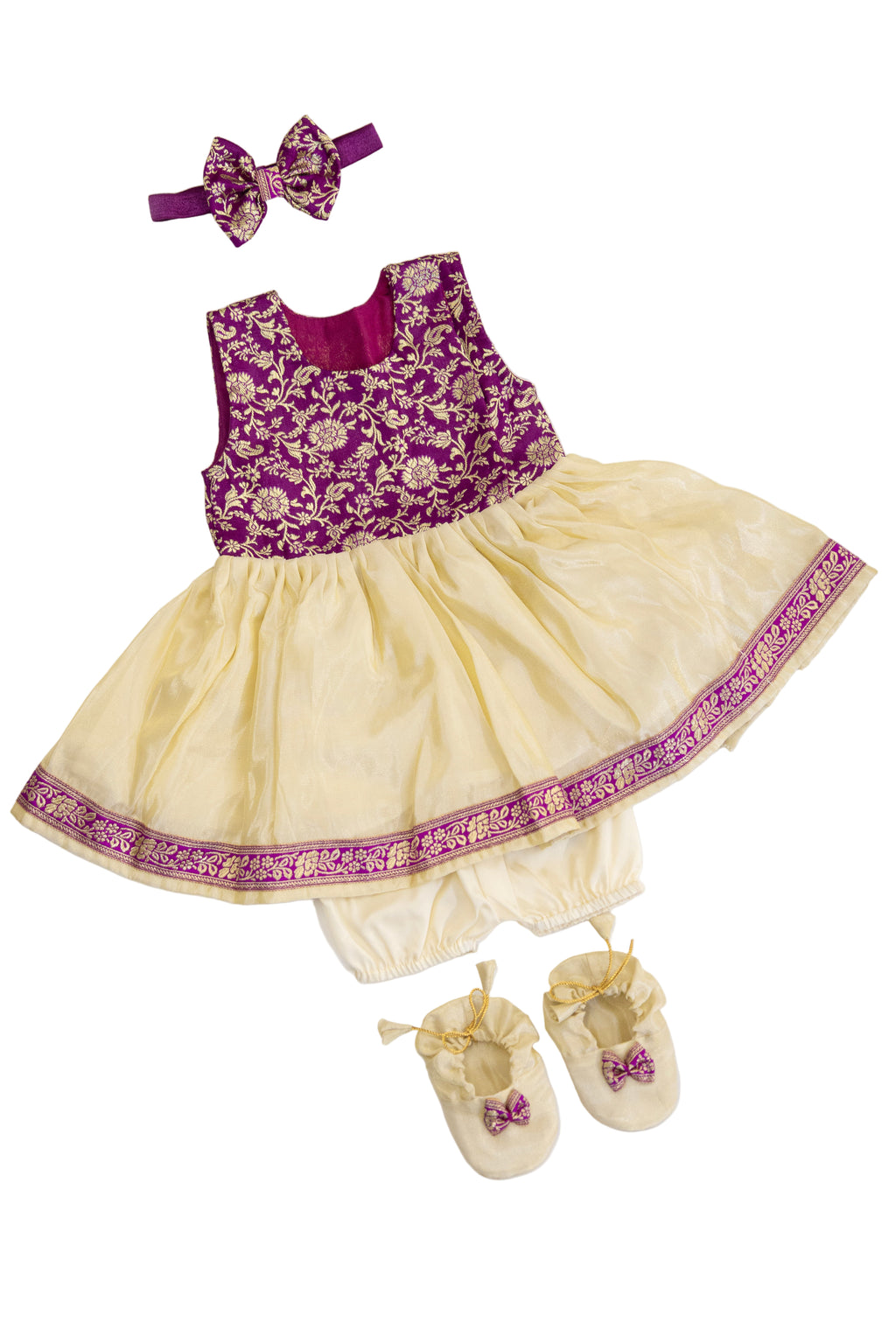 Shubhra Set - Bright Purple Banaras silk brocade bodice with Ivory tissue silk front open Newborn girl dress with Intricate banarasi border at daman