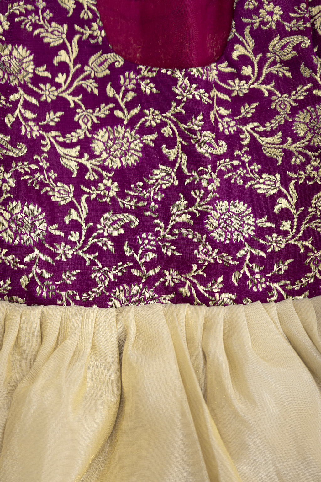 Shubhra Set - Bright Purple Banaras silk brocade bodice with Ivory tissue silk front open Newborn girl dress with Intricate banarasi border at daman