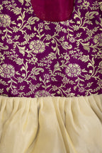 Shubhra Set - Bright Purple Banaras silk brocade bodice with Ivory tissue silk front open Newborn girl dress with Intricate banarasi border at daman