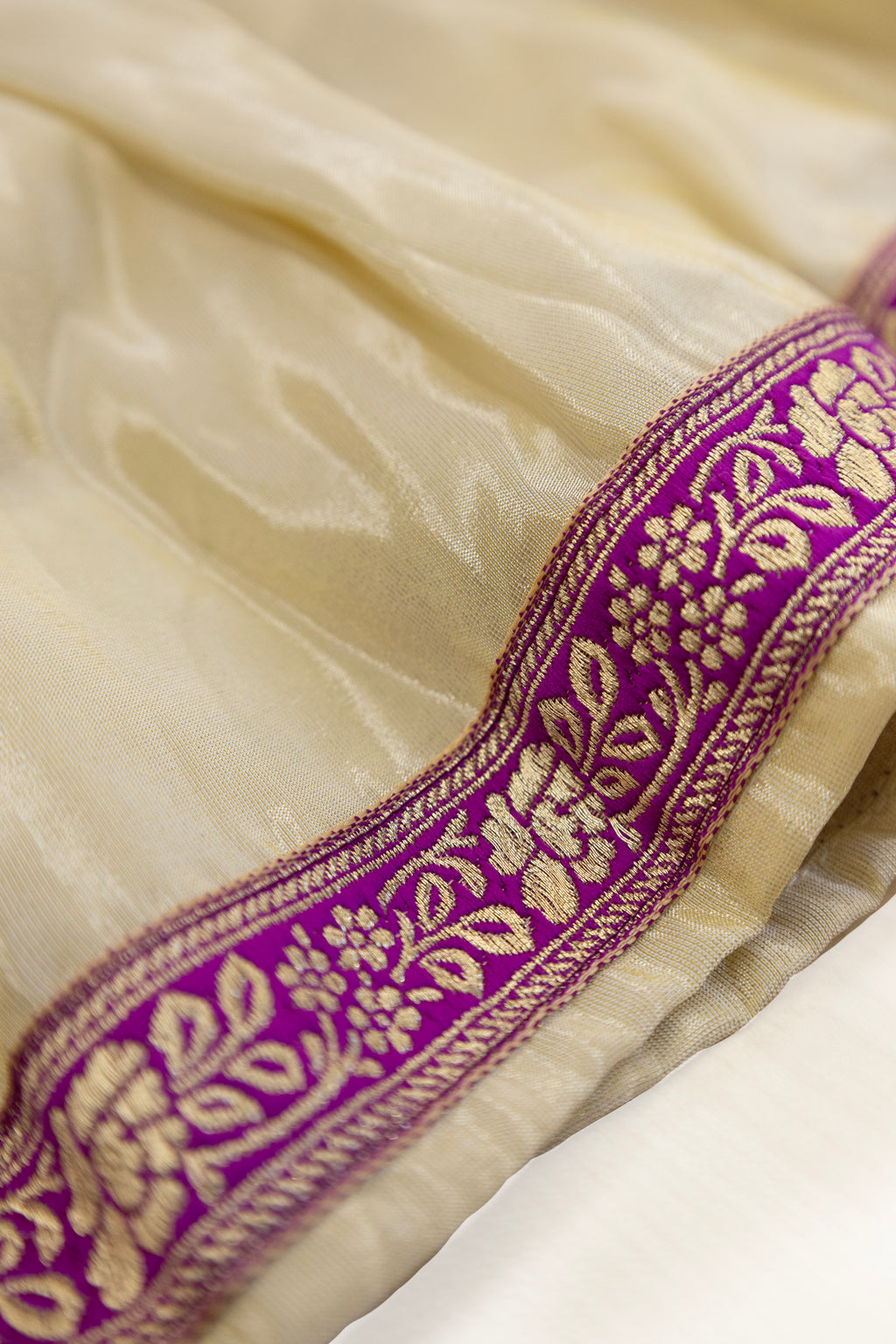 Shubhra Set - Bright Purple Banaras silk brocade bodice with Ivory tissue silk front open Newborn girl dress with Intricate banarasi border at daman