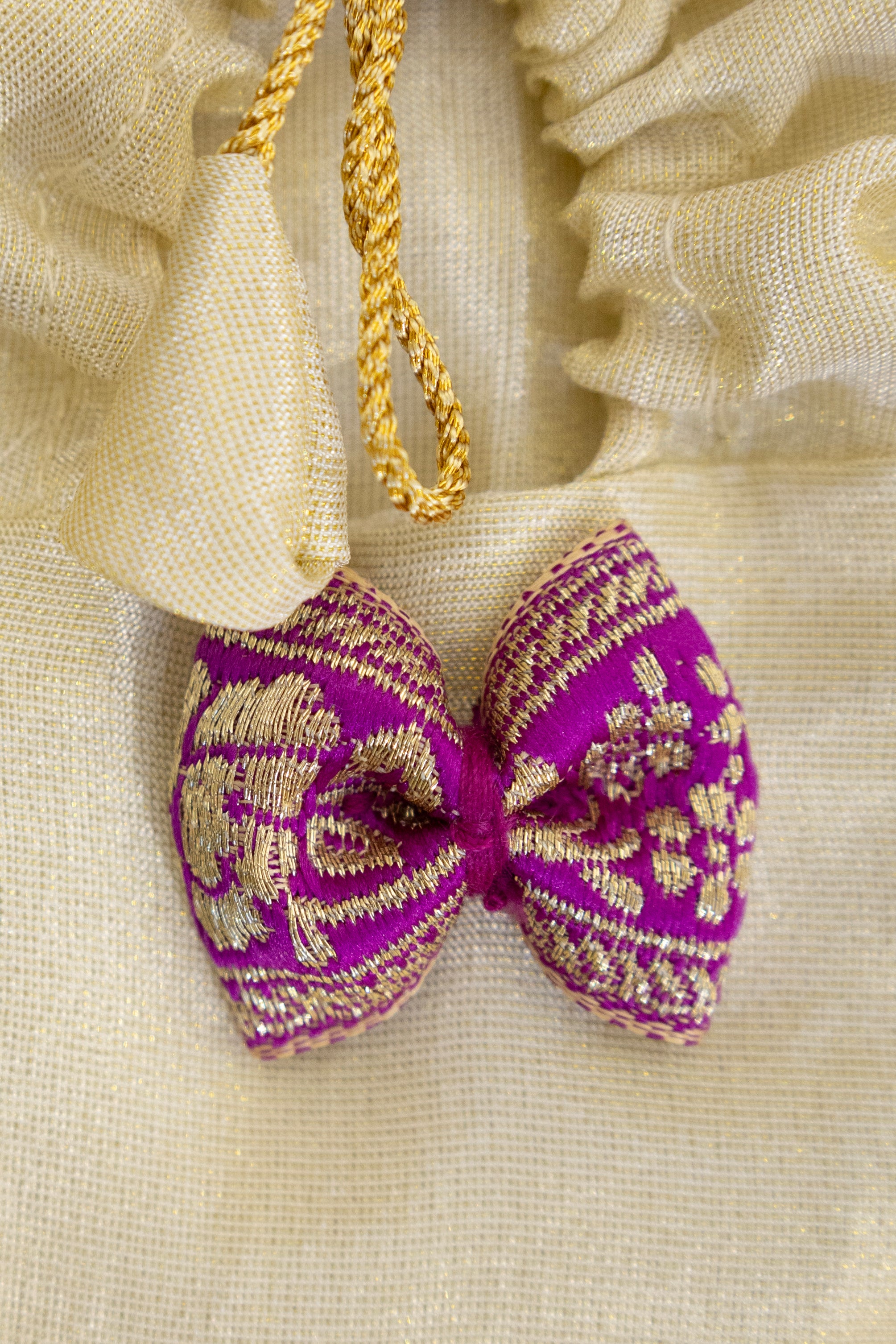 Shubhra Set - Bright Purple Banaras silk brocade bodice with Ivory tissue silk front open Newborn girl dress with Intricate banarasi border at daman