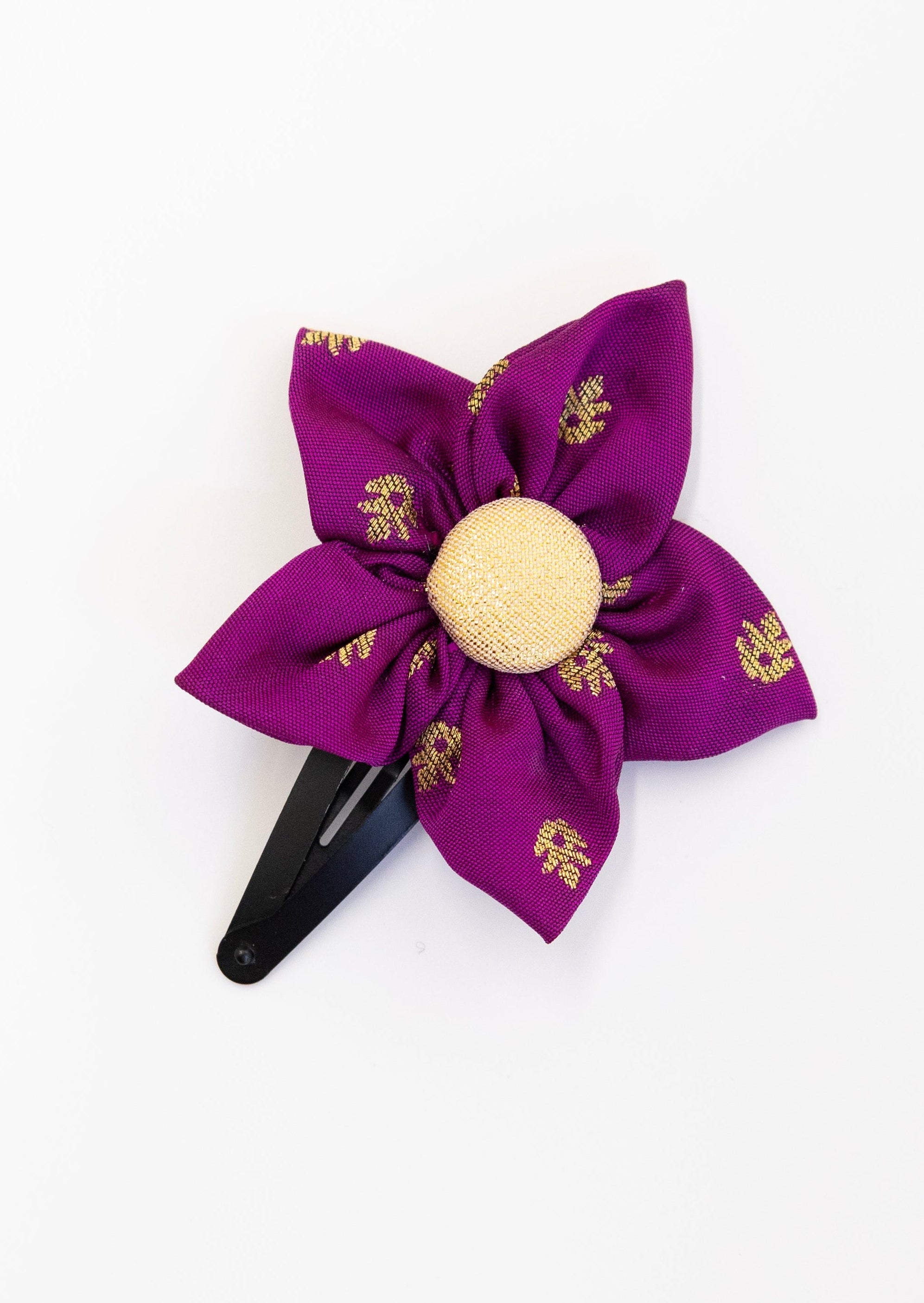 Purple Five petals handmade brocade silk fabric flower hairclip for girls