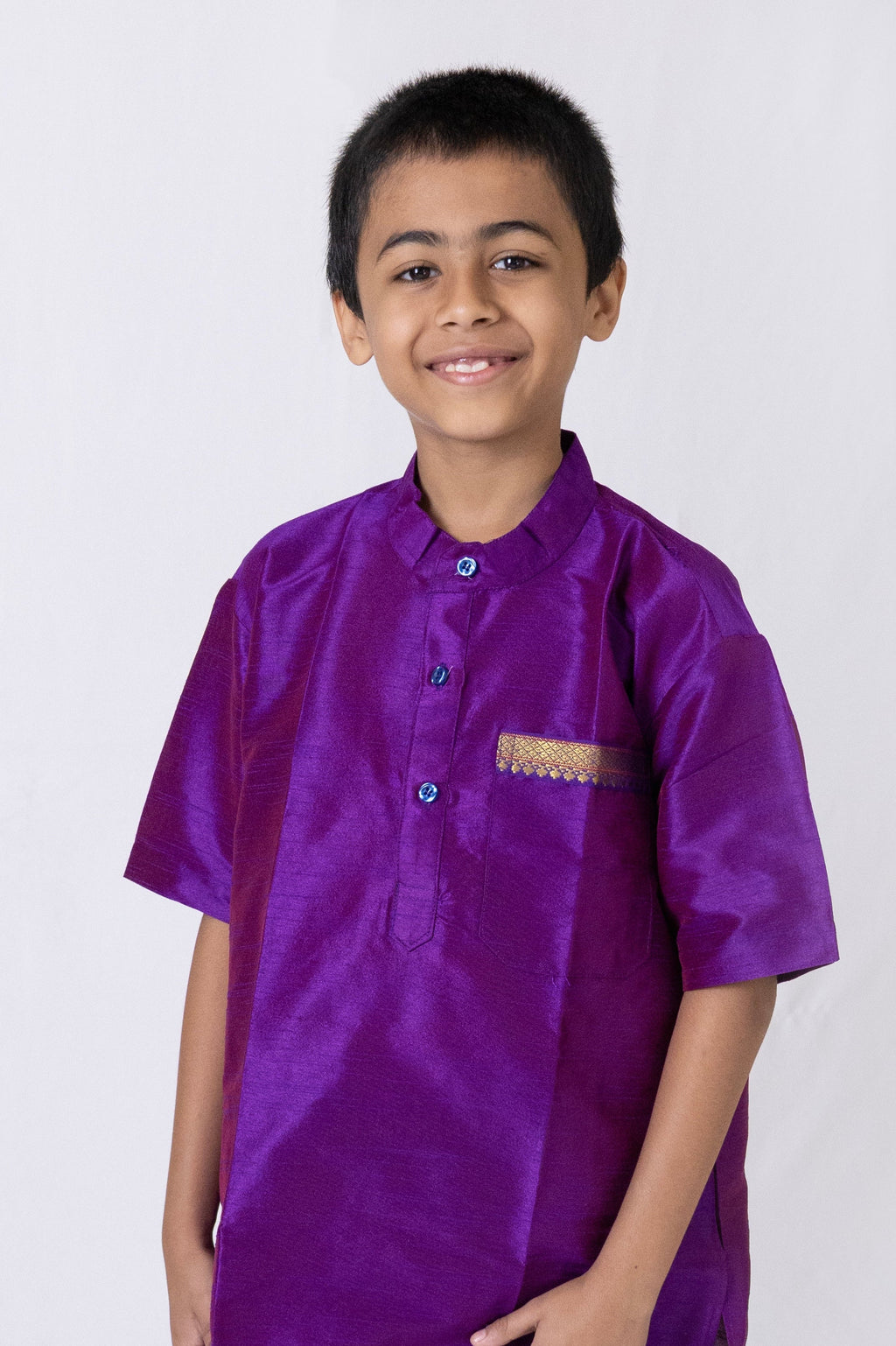 Purple Dupion silk stand collar half sleeves short kurta with paithani lace detailing on pocket for Boys