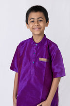 Purple Dupion Silk Half Sleeves Short Kurta With Pocket