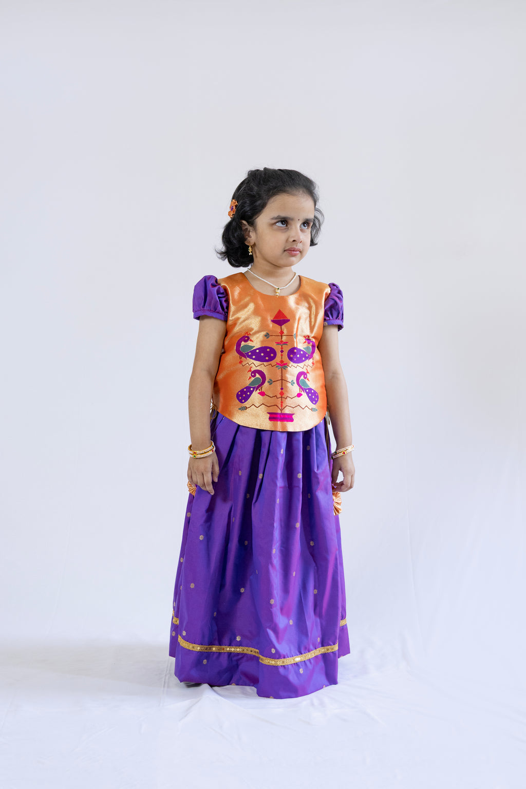 Premium paithani jari gold fabric high low choli with bright Purple Premium Banaras soft silk Pleated Long skirt / ghagra for Girls