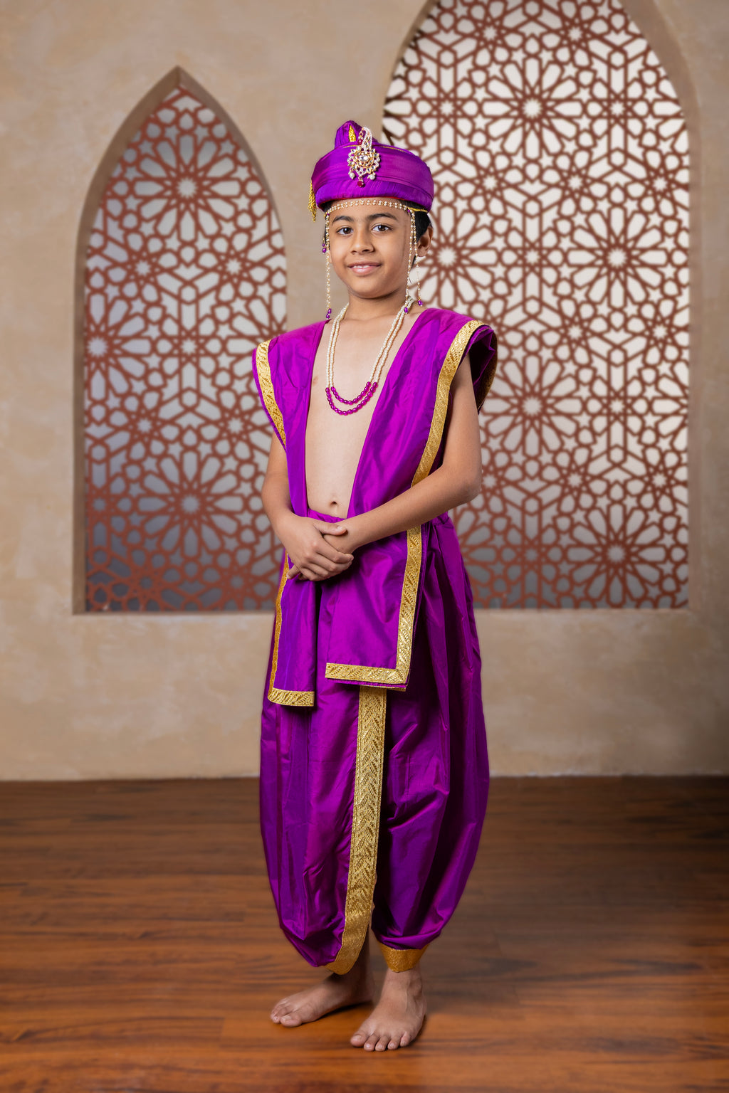 Purple mysore silk sovale Uparane set with golden embossed design lace for Batu