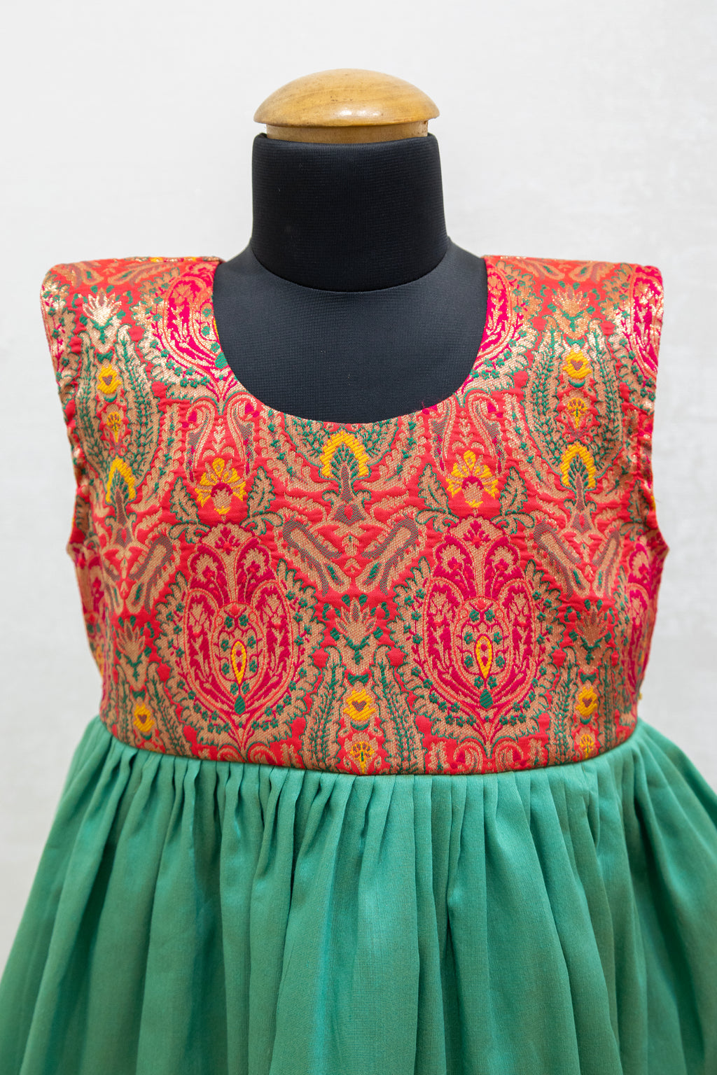 Pink Banaras silk bodice with emerald green flared dress for Girls