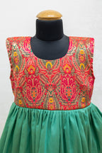 Pink Banaras silk bodice with emerald green flared frock / dress for Girls