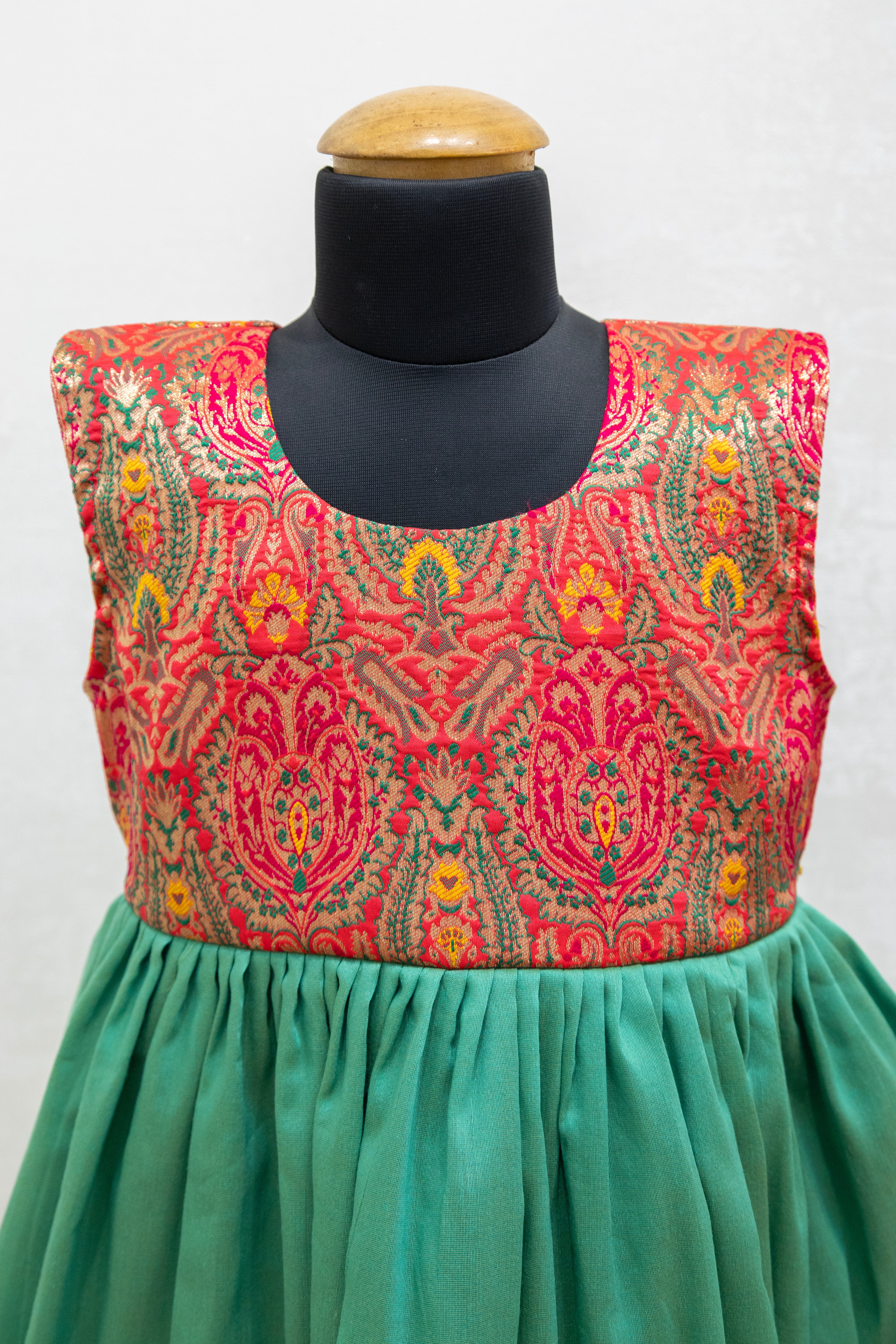 Pink Banaras silk bodice with emerald green flared dress for Girls