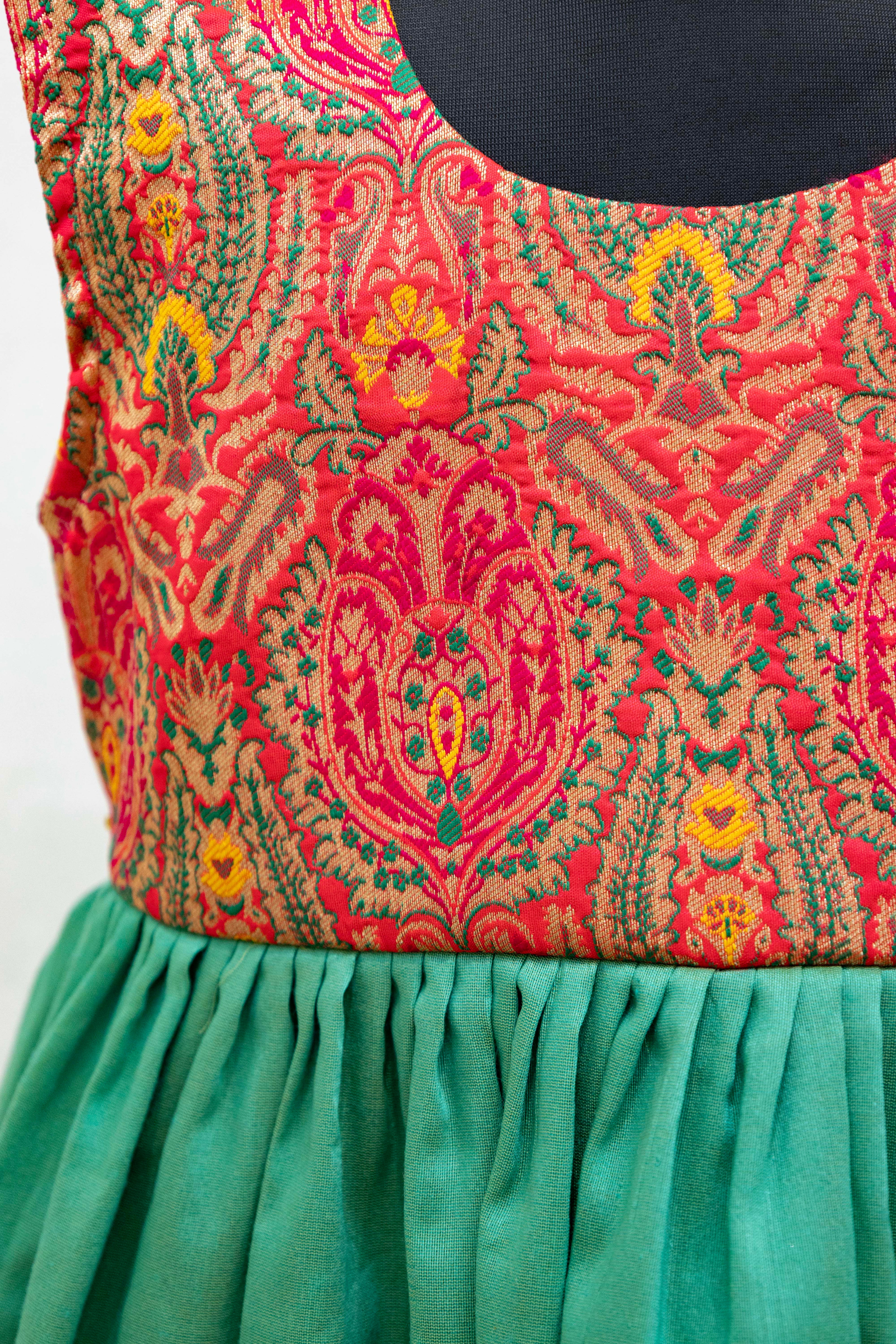 Pink Banaras silk bodice with emerald green flared dress for Girls