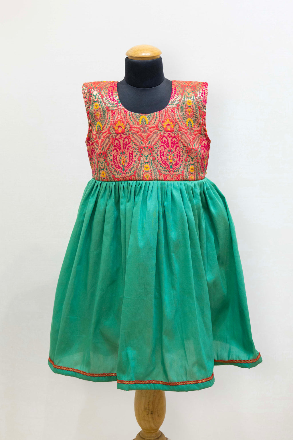Pink Banaras silk bodice with emerald green flared dress for Girls