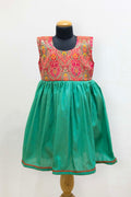 Pink Banaras silk bodice with emerald green flared frock / dress for Girls