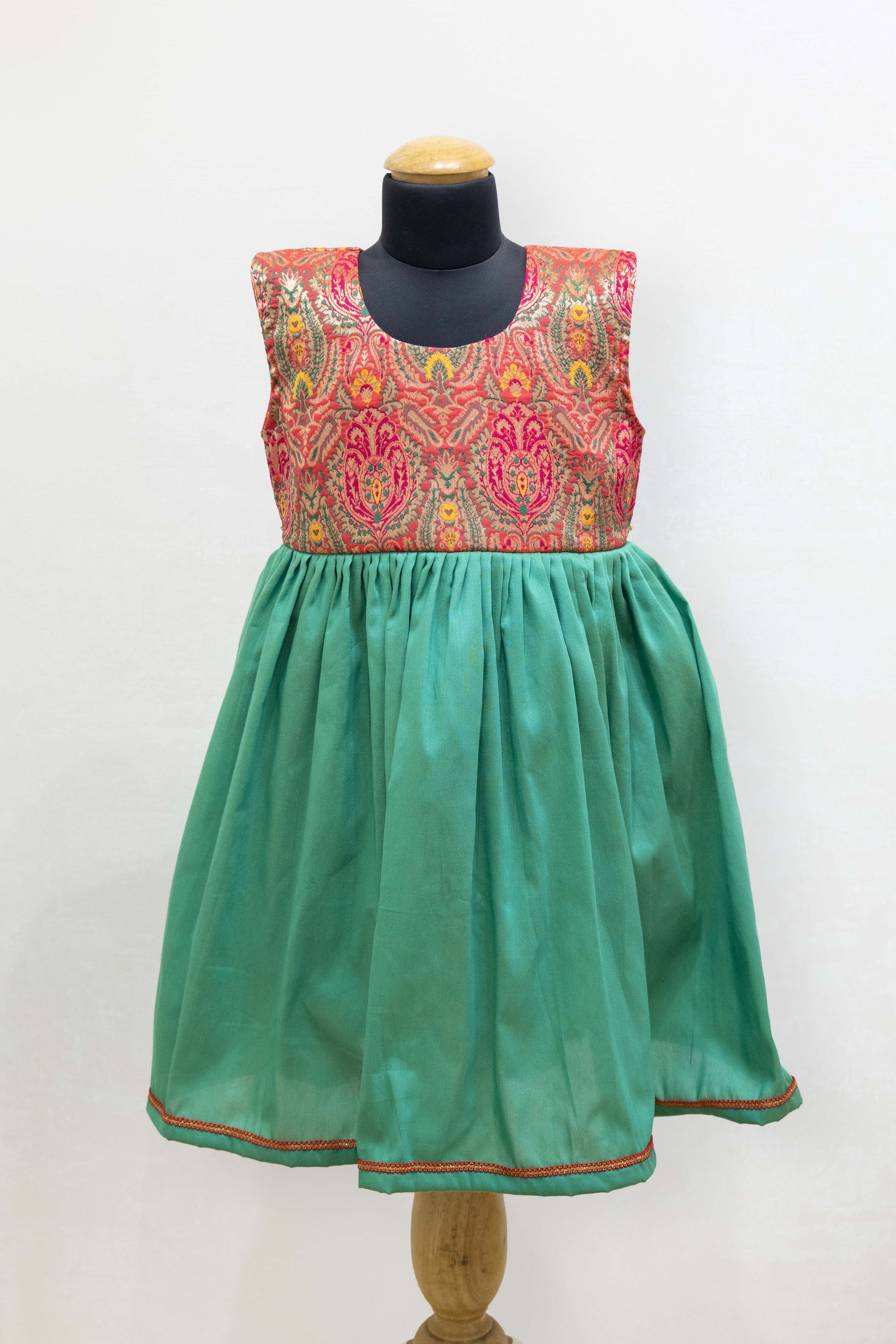Pink Banaras silk bodice with emerald green flared dress for Girls