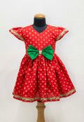 Red brocade silk flared frock / dress with puffed sleeves and contrast Green bow at the waistline for Girls
