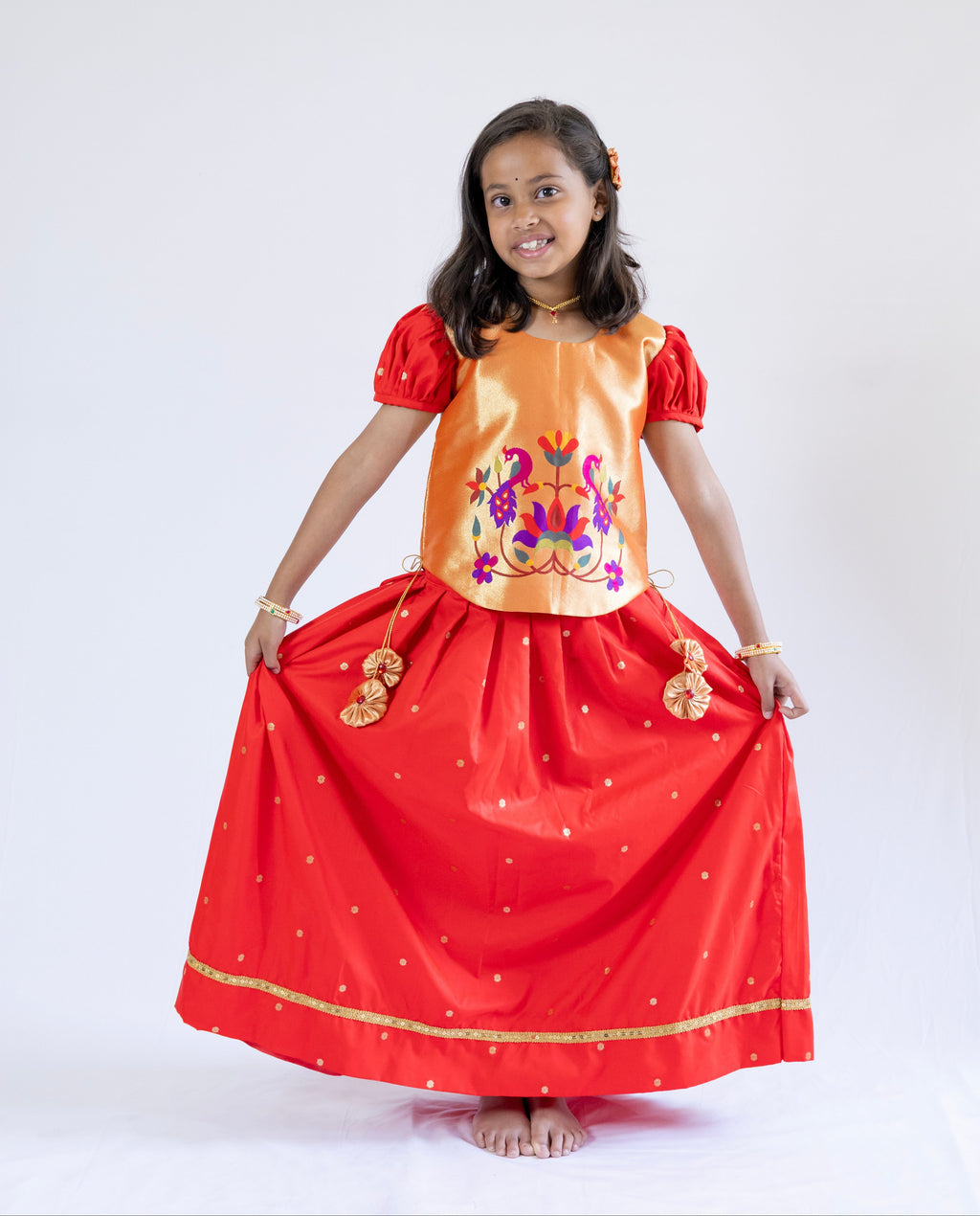 Premium paithani jari gold fabric high low choli with bright Red Premium Banaras soft silk Pleated Long skirt / ghagra for Girls