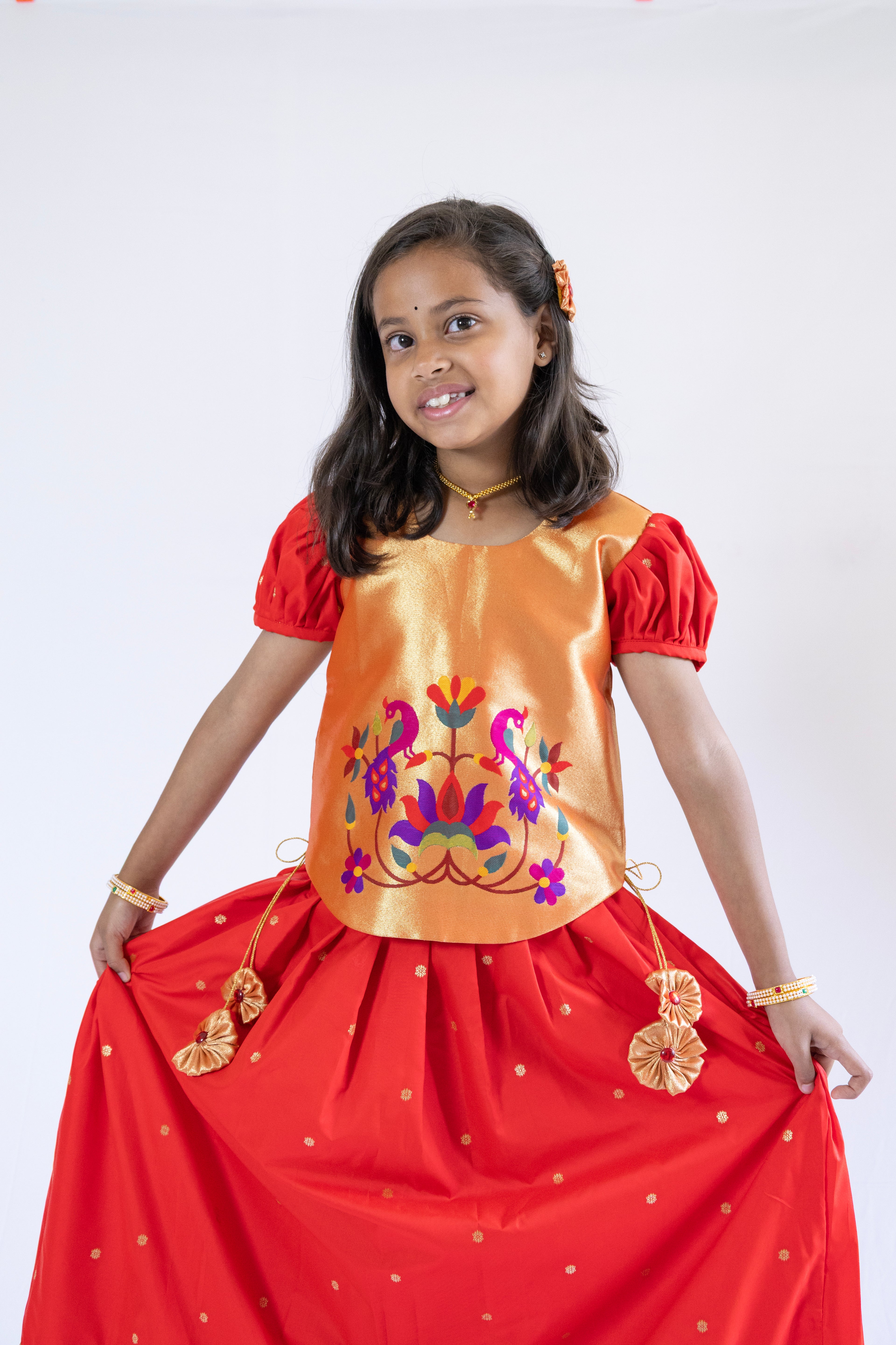 Premium paithani jari gold fabric high low choli with bright Red Premium Banaras soft silk Pleated Long skirt / ghagra for Girls