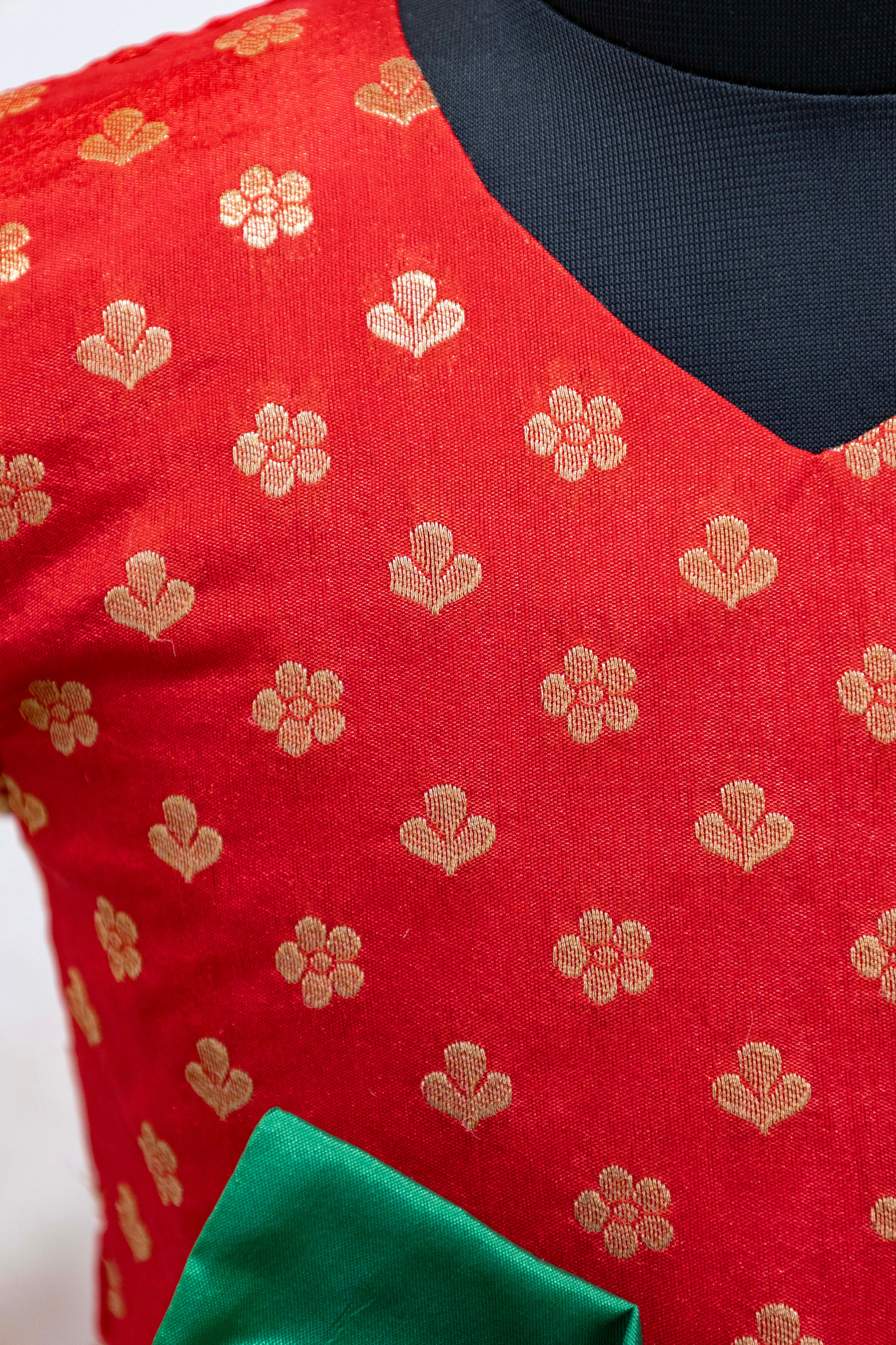 Red brocade silk flared dress with puffed sleeves and contrast Green bow at the waistline for Girls