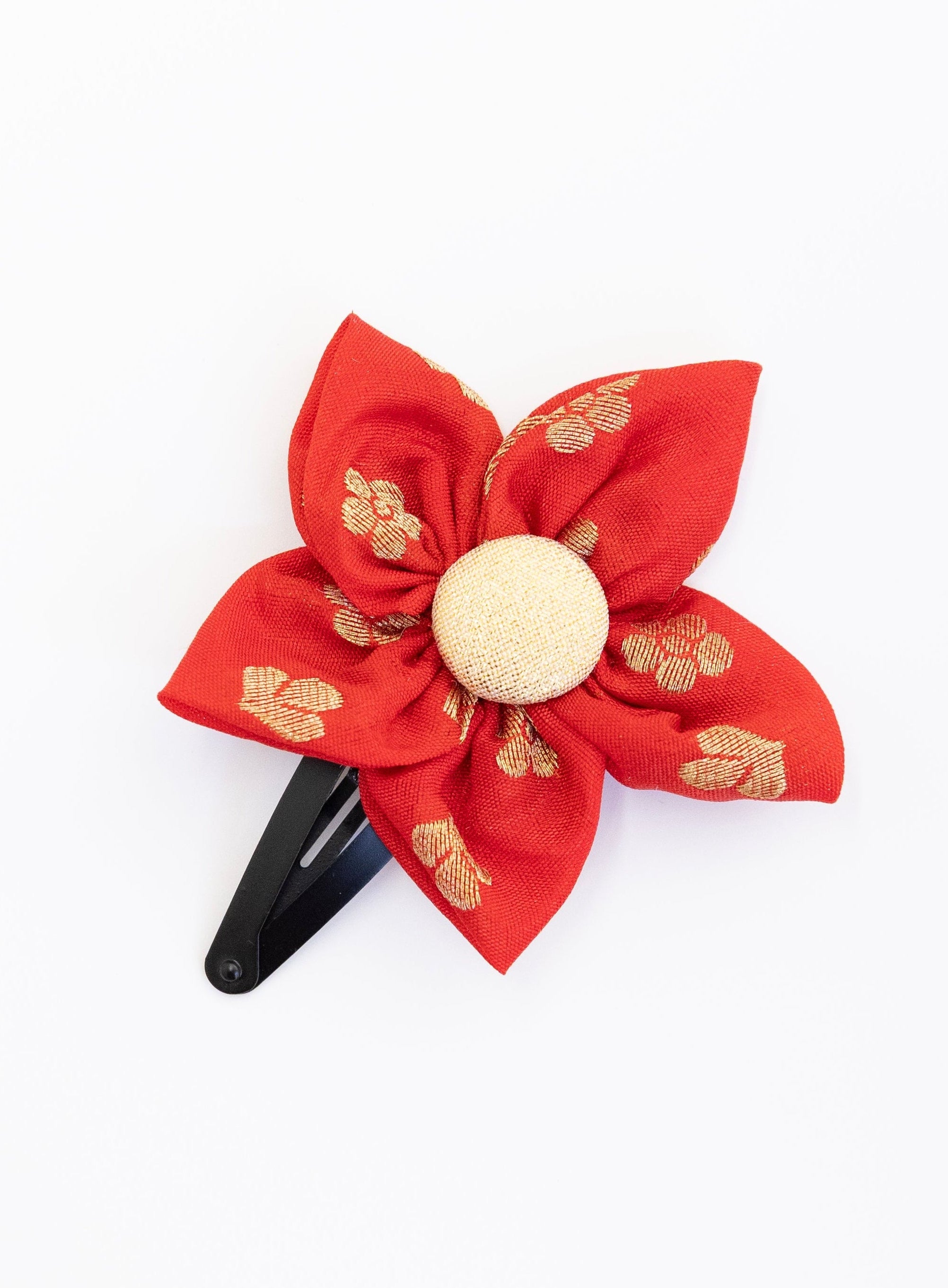 Red Five petals handmade brocade silk fabric flower hairclip for girls
