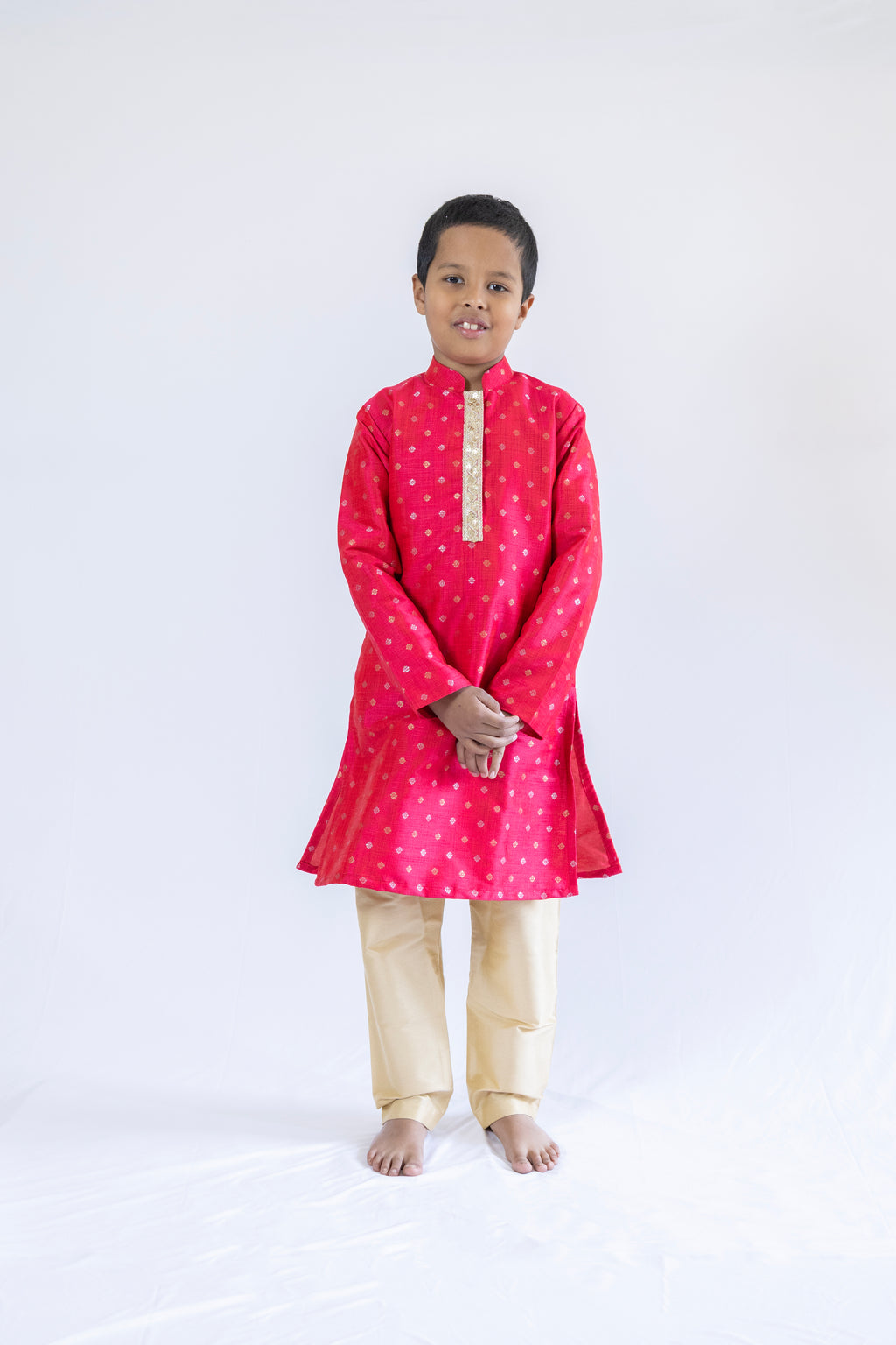 Tomato red raw silk stand collar kurta with sequined lace placket detailing with golden salwar for boys