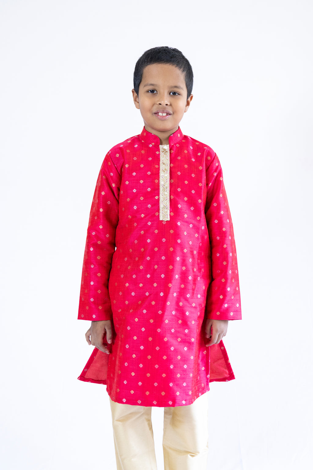Tomato red raw silk stand collar kurta with sequined lace placket detailing with golden salwar for boys