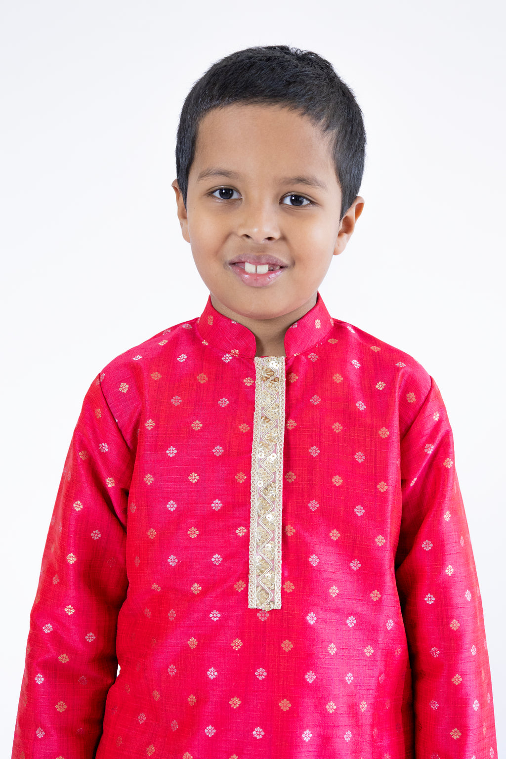 Tomato red raw silk stand collar kurta with sequined lace placket detailing with golden salwar for boys