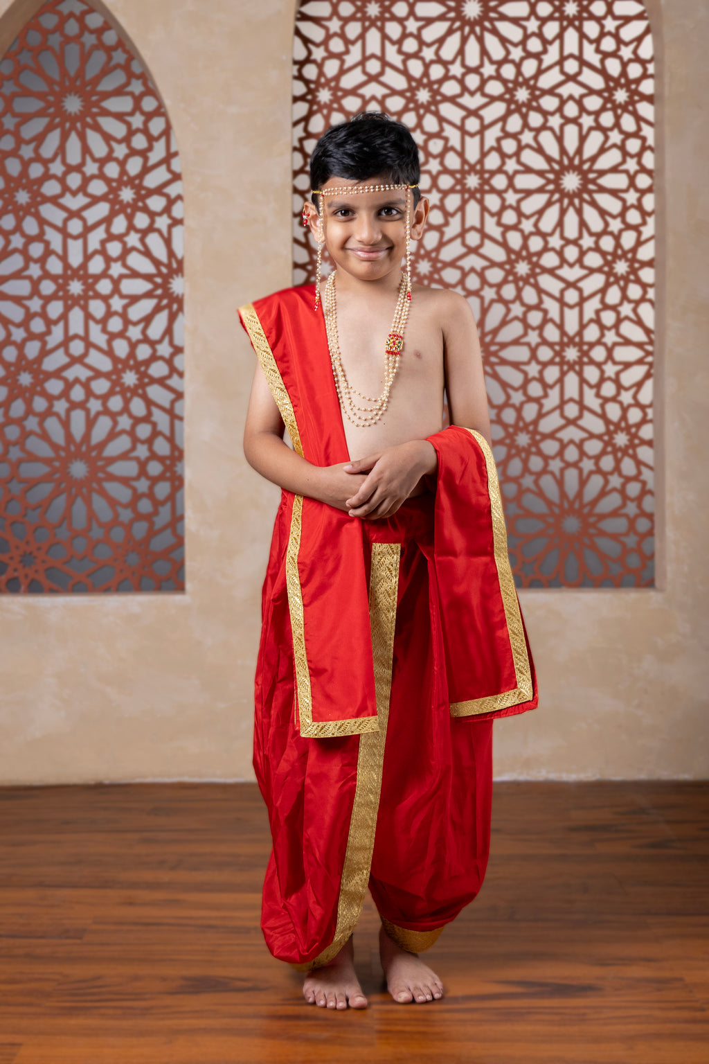 Red mysore silk sovale Uparane set with golden embossed design lace for Batu