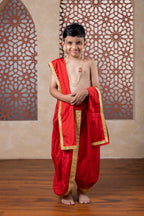 Red Mysore Silk Sovale-Uparane Set With Golden Embossed Lace