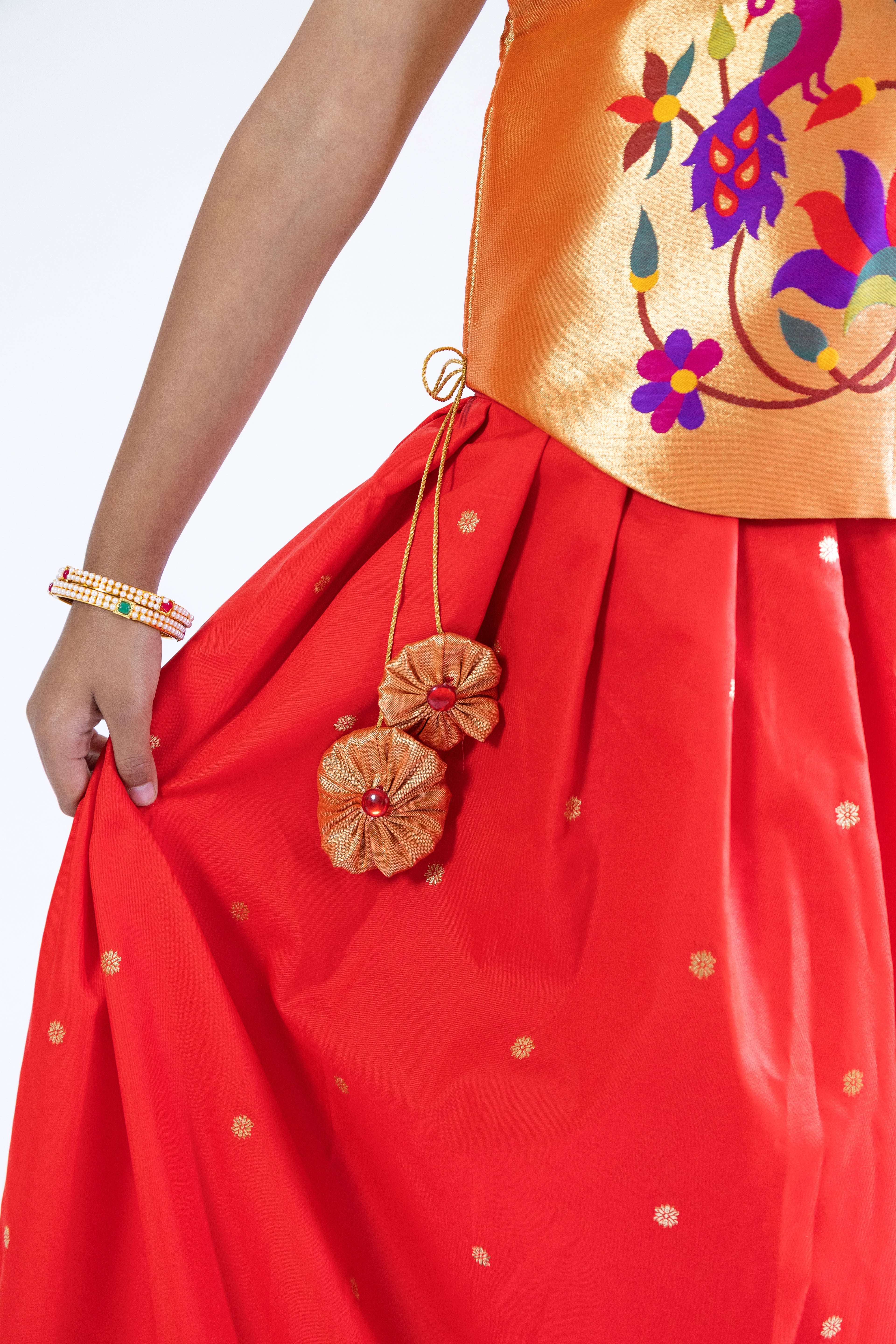 Premium paithani jari gold fabric high low choli with bright Red Premium Banaras soft silk Pleated Long skirt / ghagra for Girls